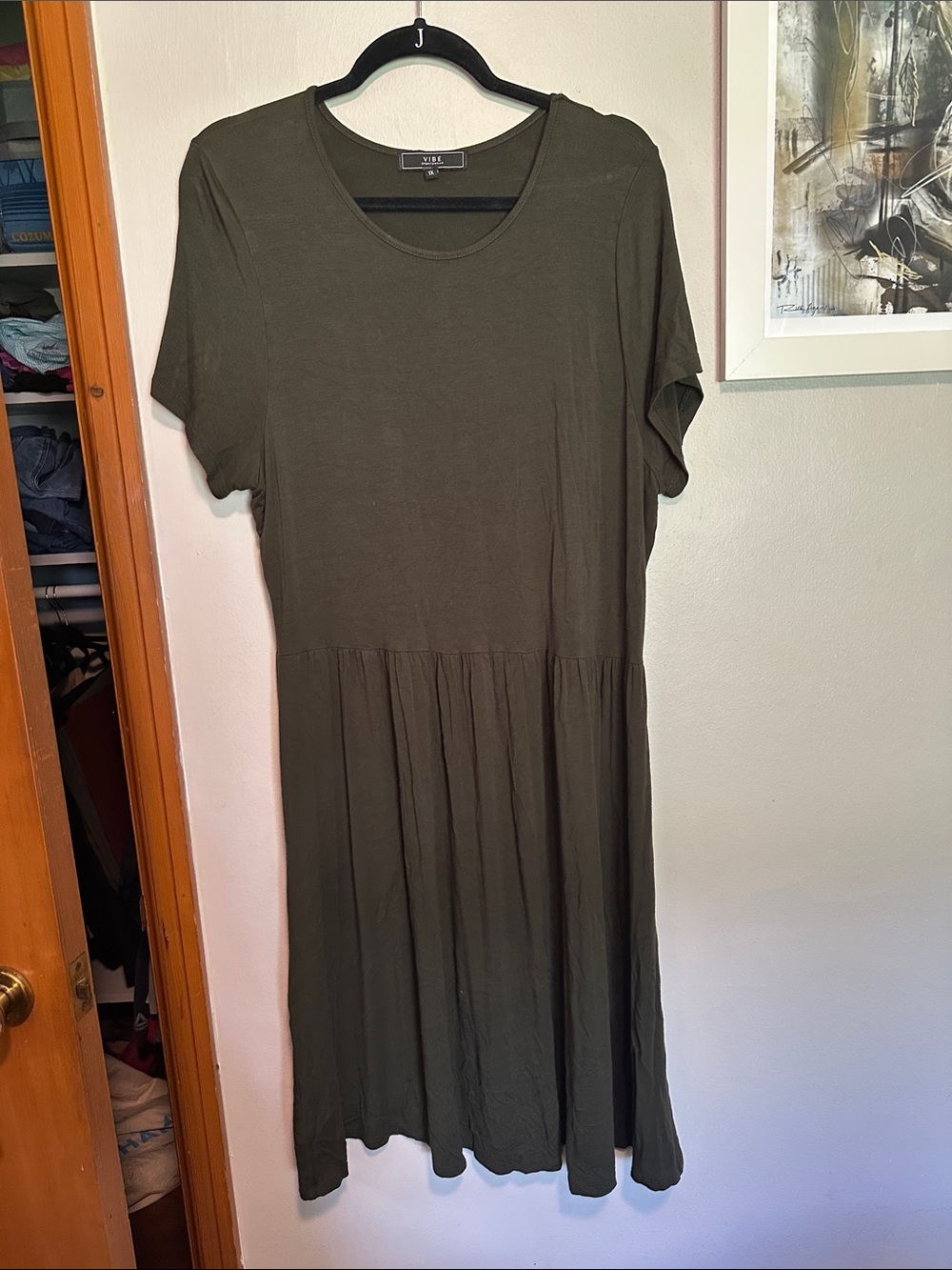 Everyday Olive Midi Dress with Gathered Skirt